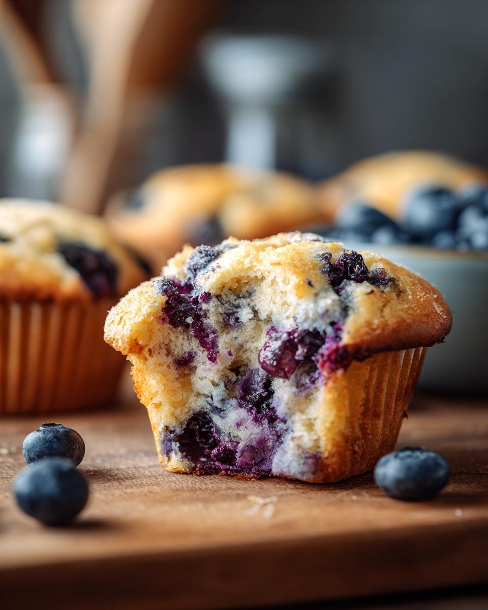 Close-up of a delicious blueberry muffin with a bite taken out, revealing juicy blueberries inside.