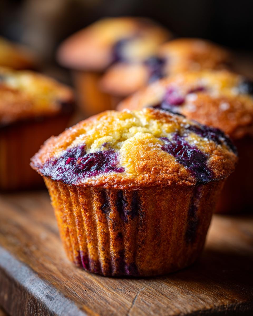 A close-up shot of a delicious blueberry muffin, showcasing its golden-brown top with visible blueberries and a sprinkle of sugar.