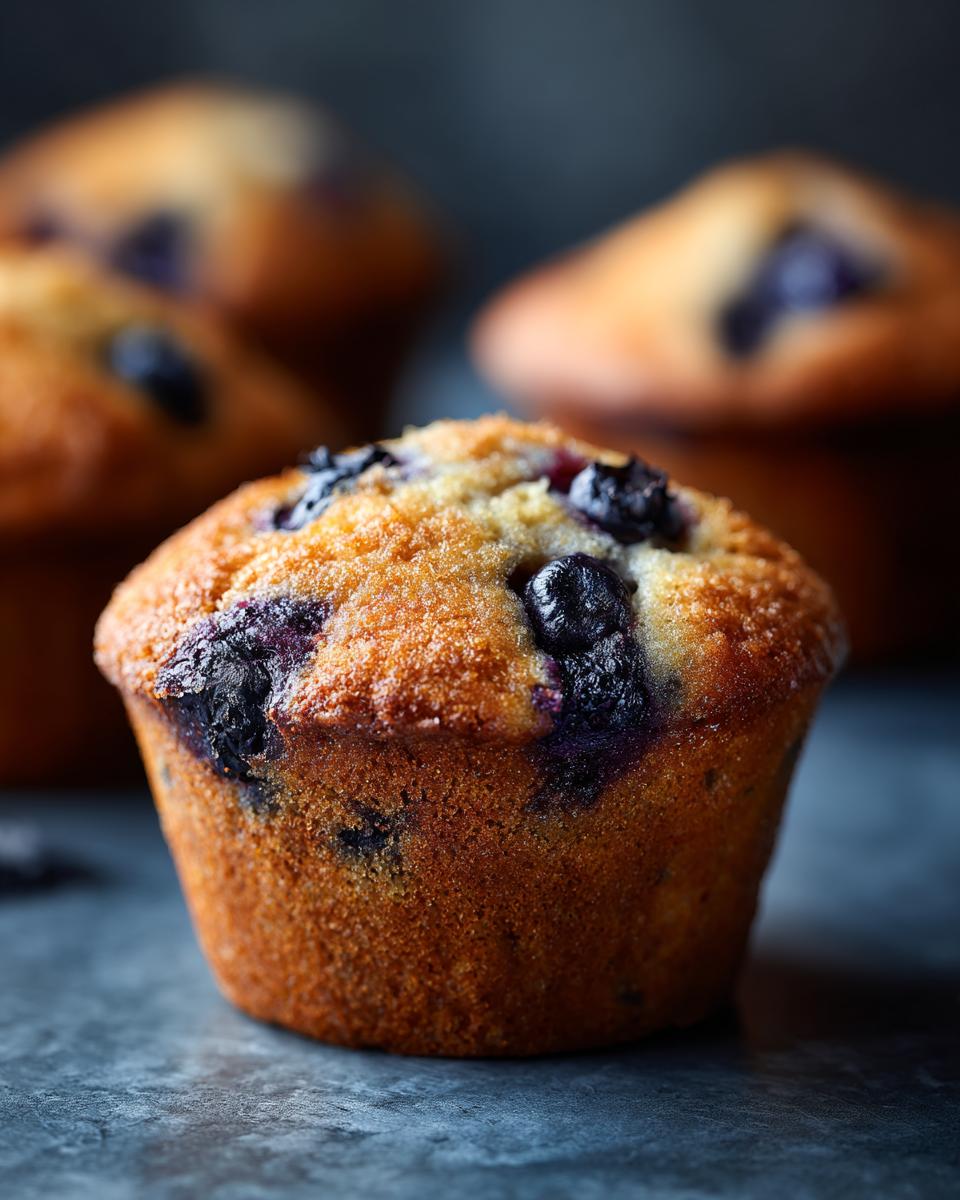 Close-up of a golden-brown blueberry muffin, bursting with fresh blueberries, with more muffins blurred in the background.