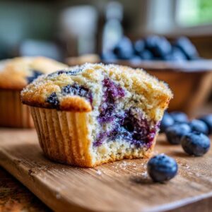 A close-up of a delicious blueberry muffin, with a bite taken out, revealing juicy blueberries inside. Fresh blueberries are scattered around.