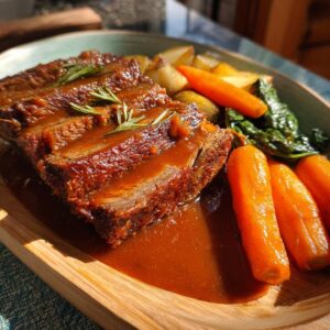 A close-up of tender braised brisket, sliced and covered in rich gravy, served with roasted carrots and potatoes.