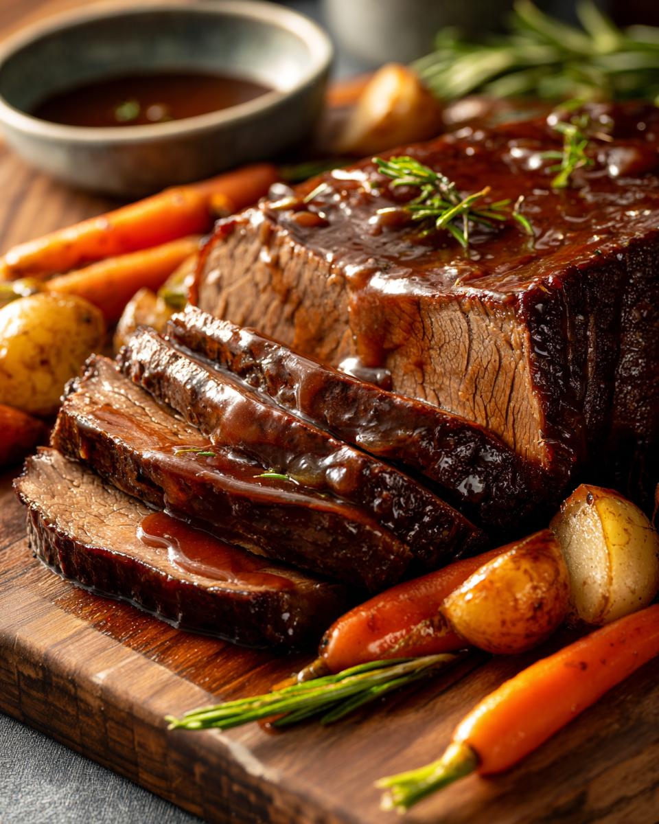 Close-up of sliced tender braised brisket, glistening with rich gravy, served with roasted carrots and potatoes.