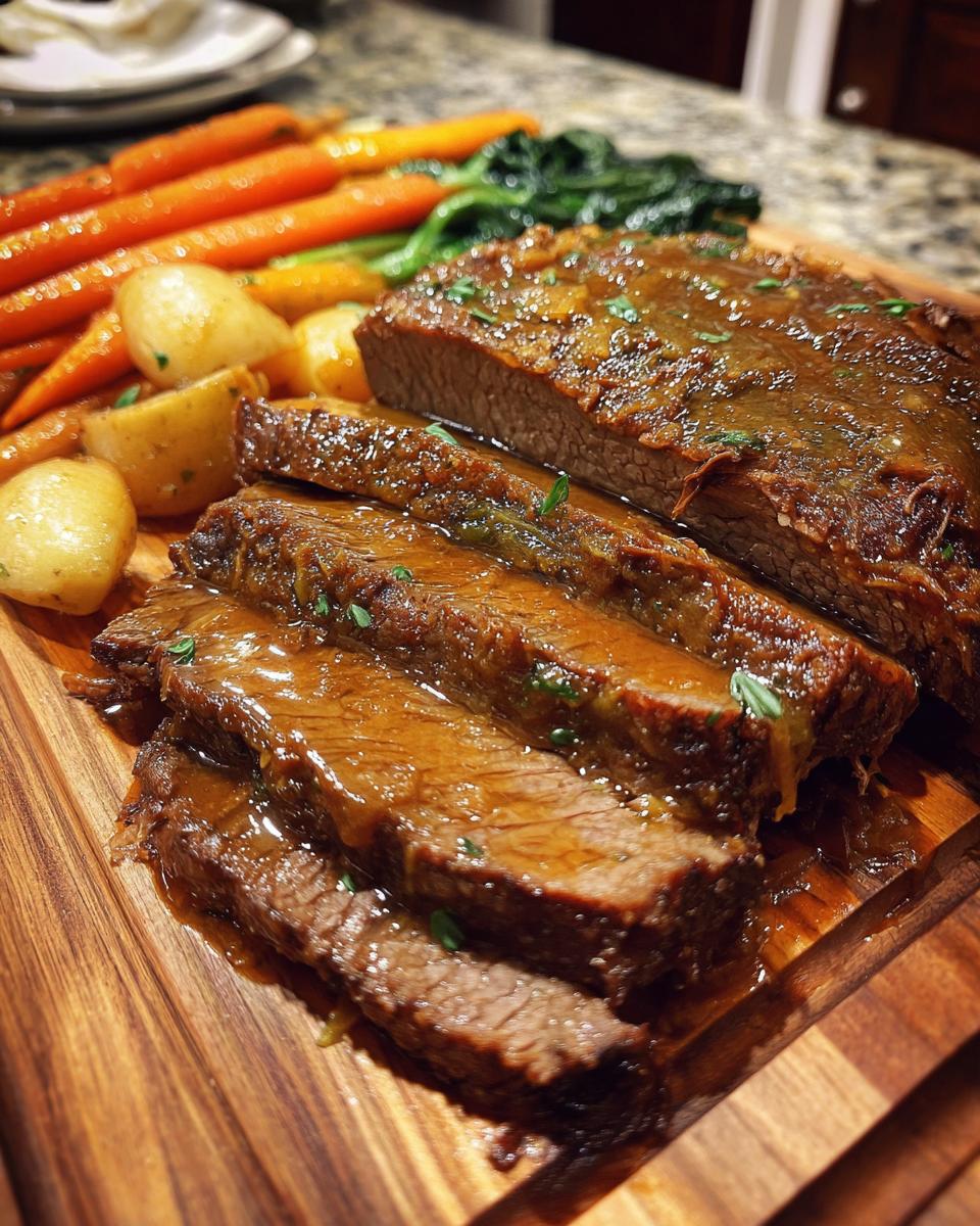 Slices of juicy braised brisket served with roasted carrots, potatoes, and greens on a wooden board.