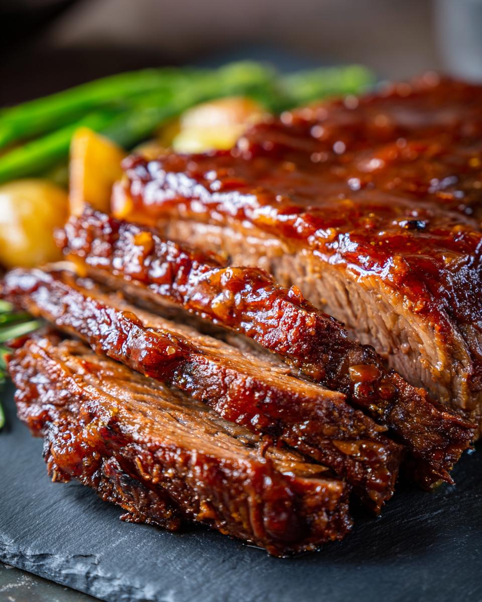 Close-up of tender braised brisket, sliced and coated in a rich, glossy glaze, served with potatoes and green beans.