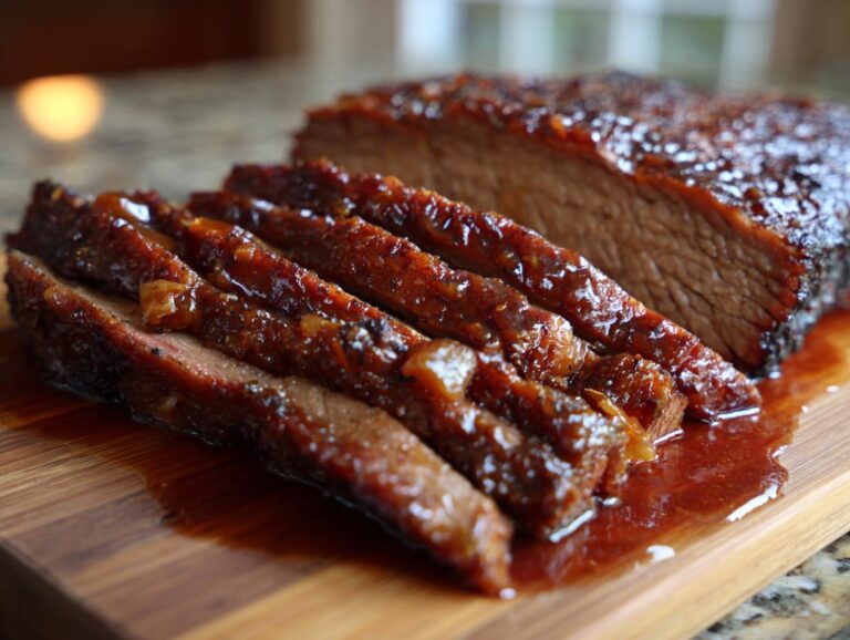 Close-up of tender braised brisket, sliced and glistening with a rich glaze on a wooden cutting board.