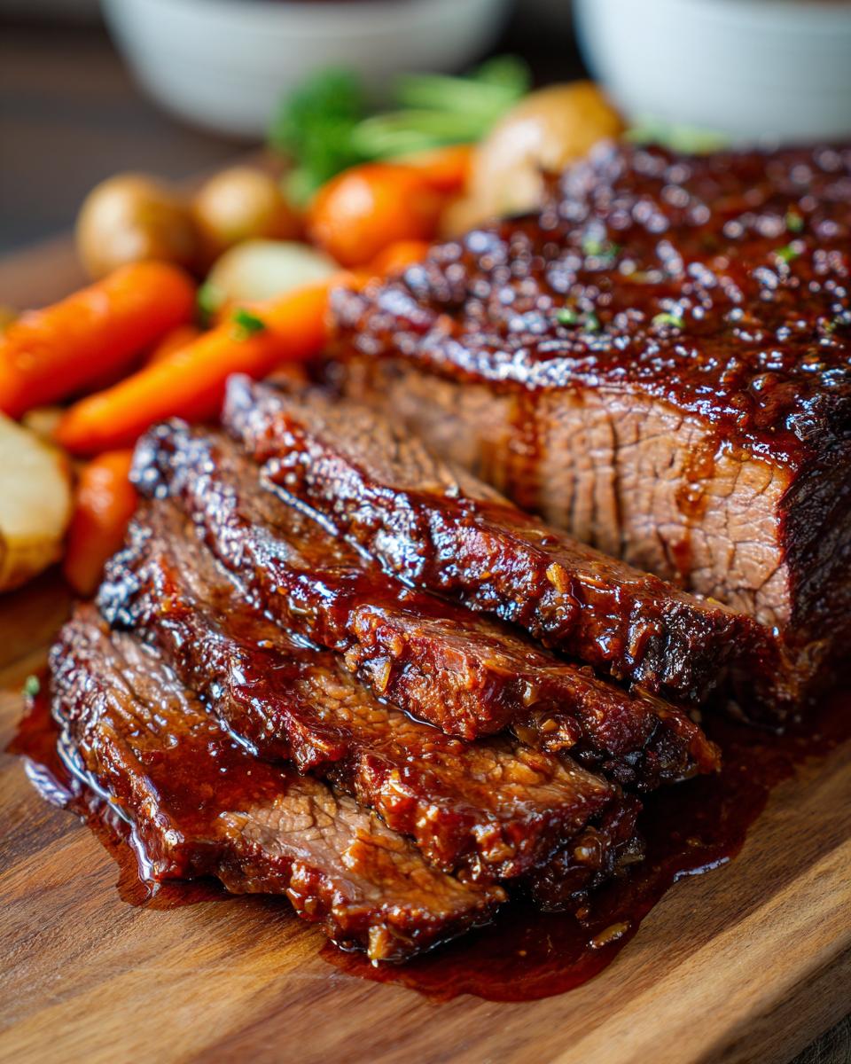 Close-up of tender braised brisket, sliced and glistening with a rich glaze, served with roasted carrots and potatoes.