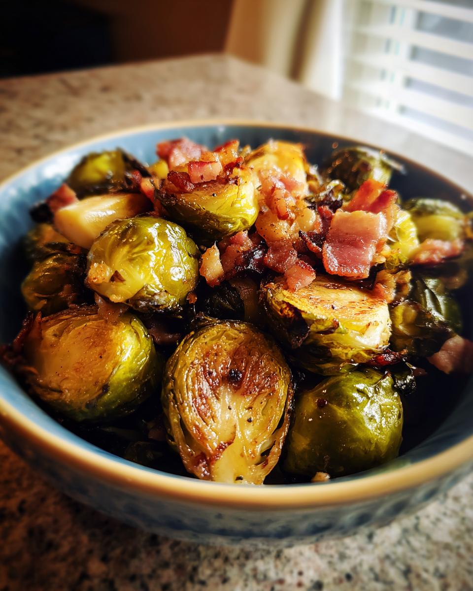 Close-up of roasted Brussels sprouts with crispy bacon bits in a blue bowl.