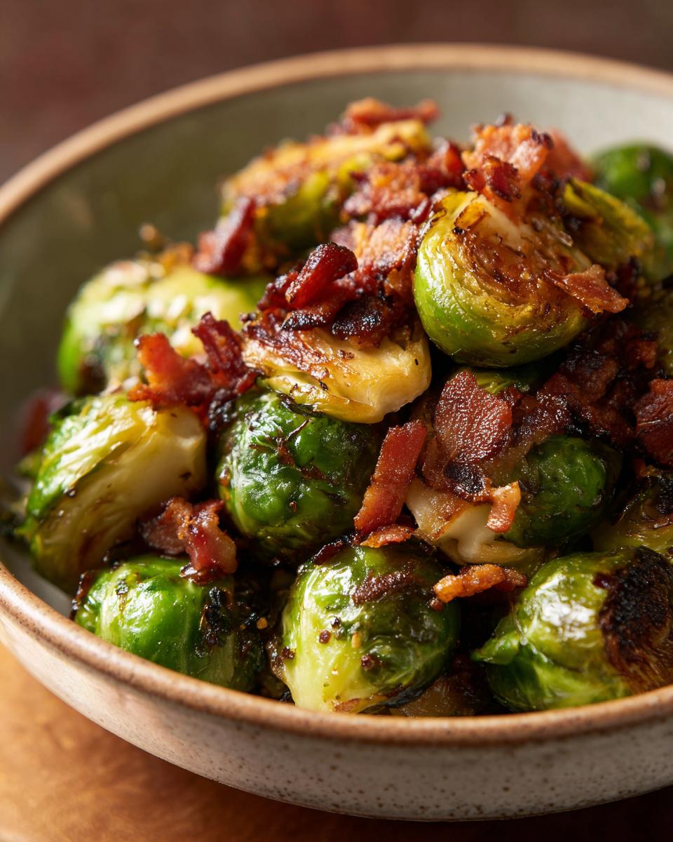 Close-up of roasted Brussels sprouts topped with crispy bacon bits in a bowl.