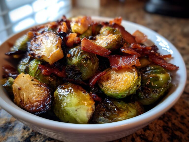 A close-up of roasted Brussels sprouts topped with crispy bacon bits in a white bowl.
