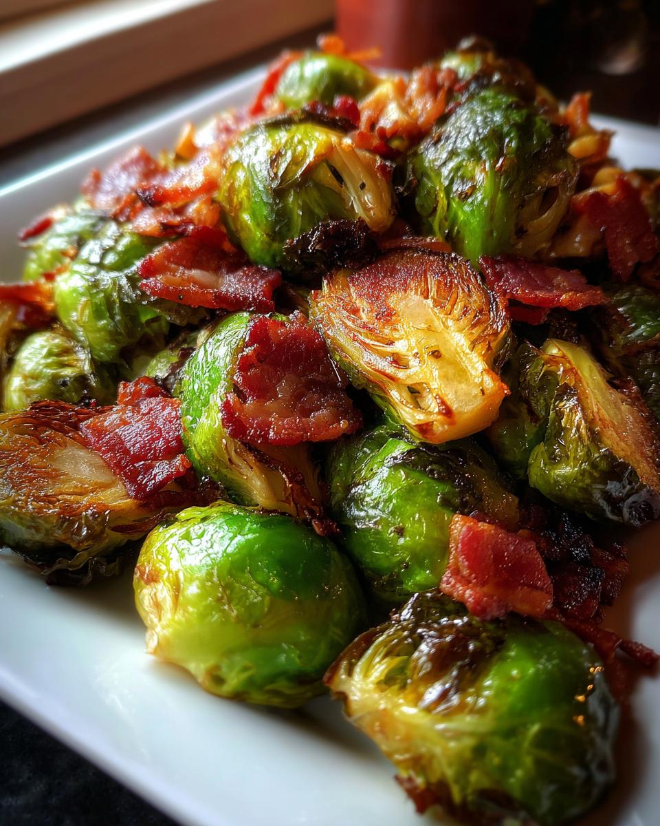 A close-up of roasted Brussels sprouts mixed with crispy bacon pieces on a white plate.