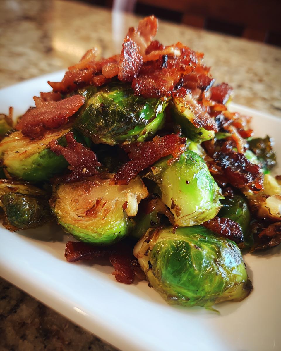 Close-up of roasted Brussels sprouts topped with crispy bacon bits.