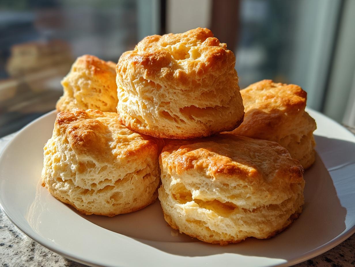 A stack of golden-brown, fluffy buttermilk biscuits on a white plate, showcasing their layered texture.