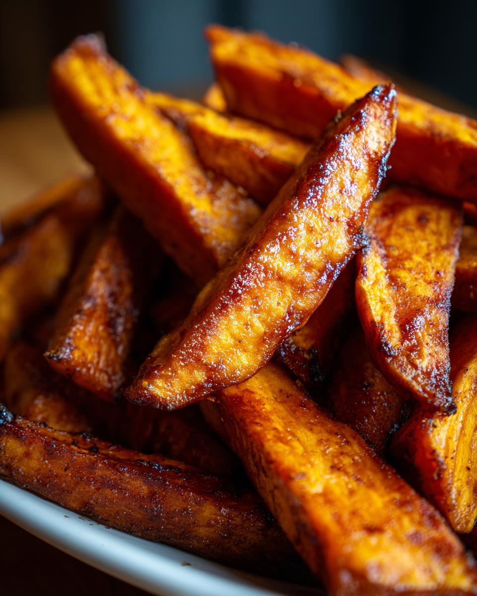 Close-up of a pile of glistening candied yams, perfectly roasted and caramelized.