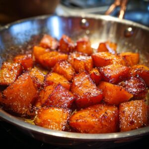 Close-up of glistening candied yams being cooked in a stainless steel skillet.