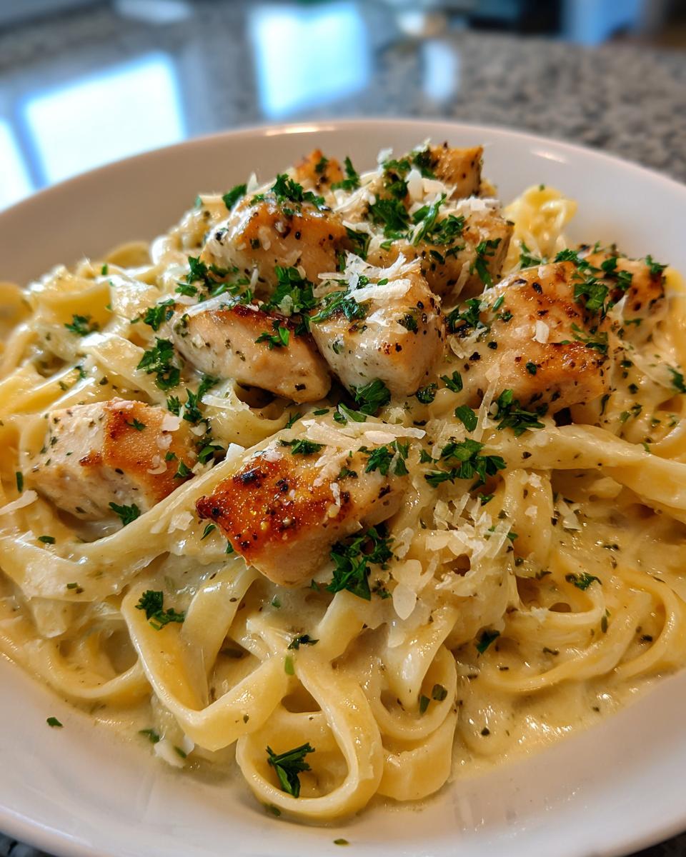 A close-up of a bowl of Chicken Alfredo pasta, featuring fettuccine noodles coated in creamy sauce, topped with grilled chicken pieces and parsley.
