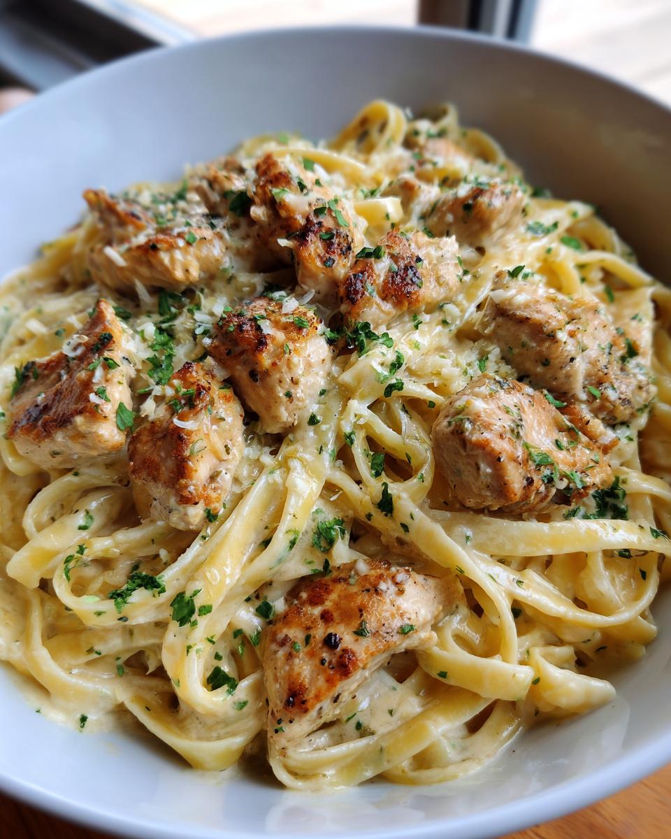 Close-up of creamy Chicken Alfredo pasta with fettuccine noodles, grilled chicken pieces, and parsley.