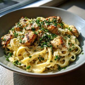 A close-up of creamy Chicken Alfredo pasta topped with grilled chicken pieces and fresh parsley.