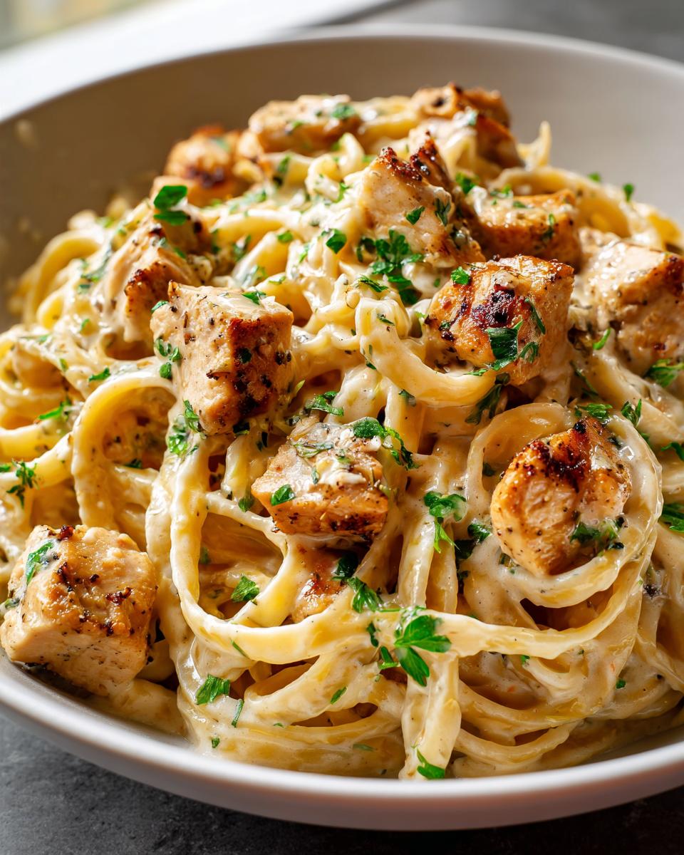 Close-up of creamy Chicken Alfredo pasta with fettuccine noodles and diced grilled chicken, garnished with parsley.