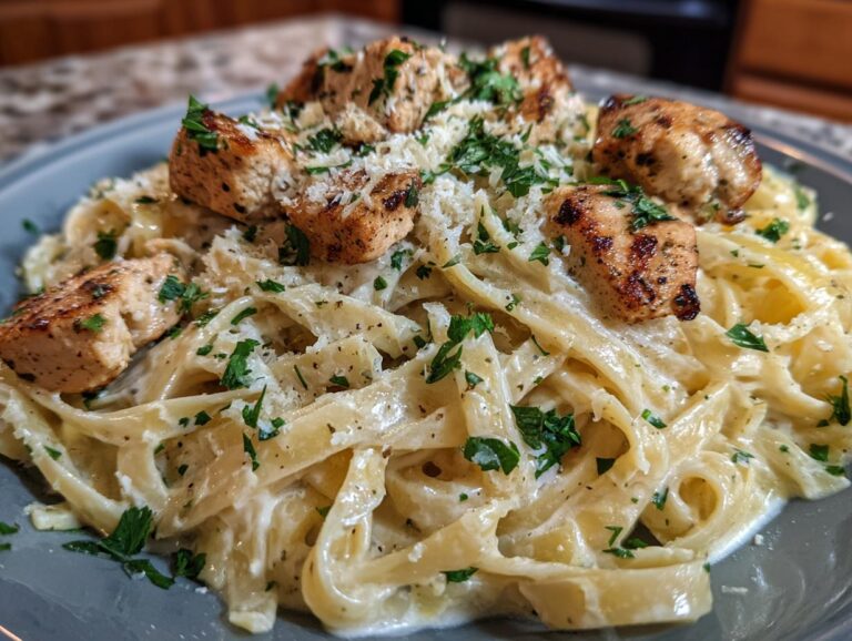A close-up of creamy Chicken Alfredo pasta topped with grilled chicken pieces and fresh parsley.