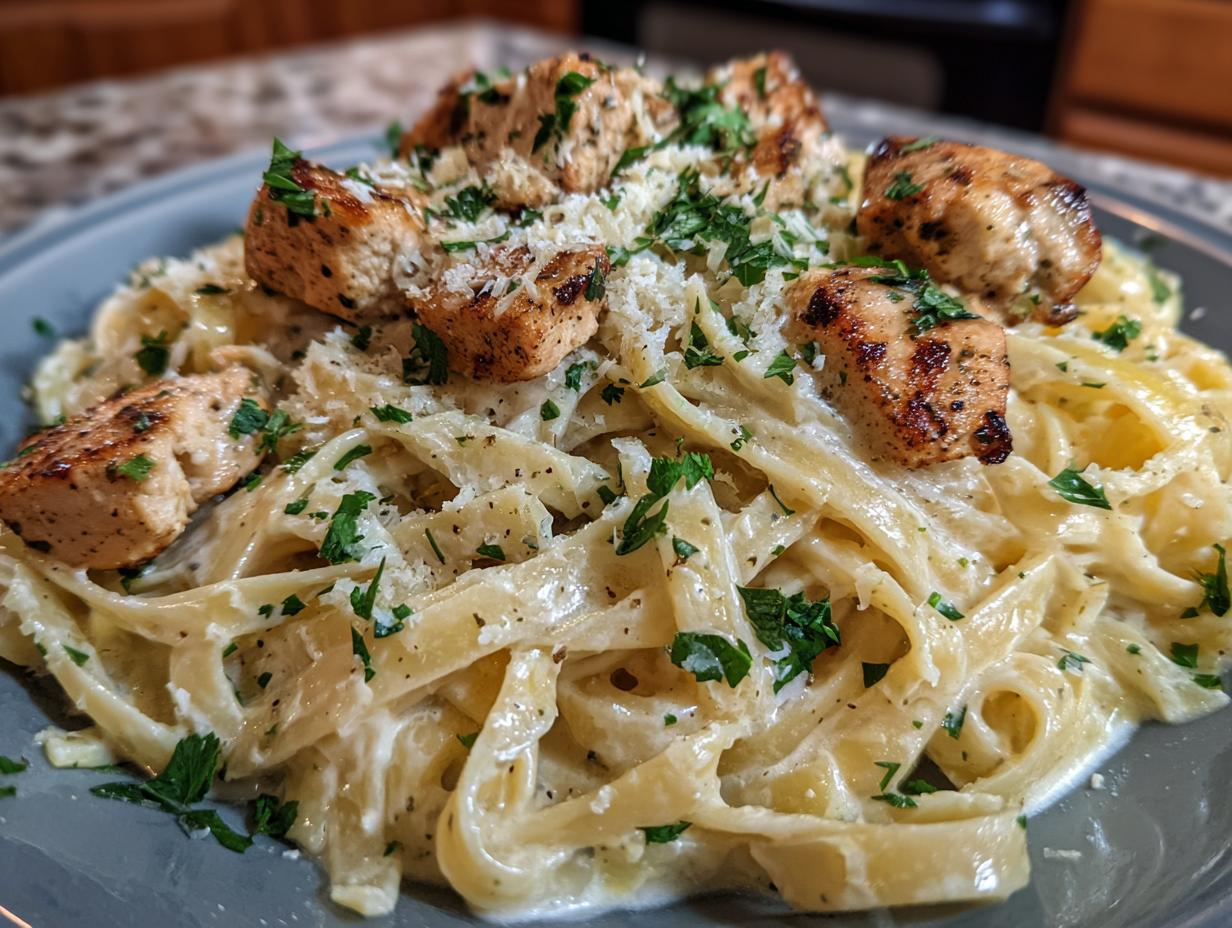 A close-up of creamy Chicken Alfredo pasta topped with grilled chicken pieces and fresh parsley.