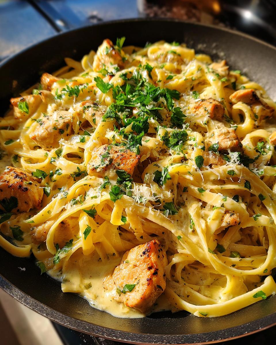 A close-up of creamy Chicken Alfredo pasta with fettuccine, grilled chicken pieces, and fresh parsley in a skillet.