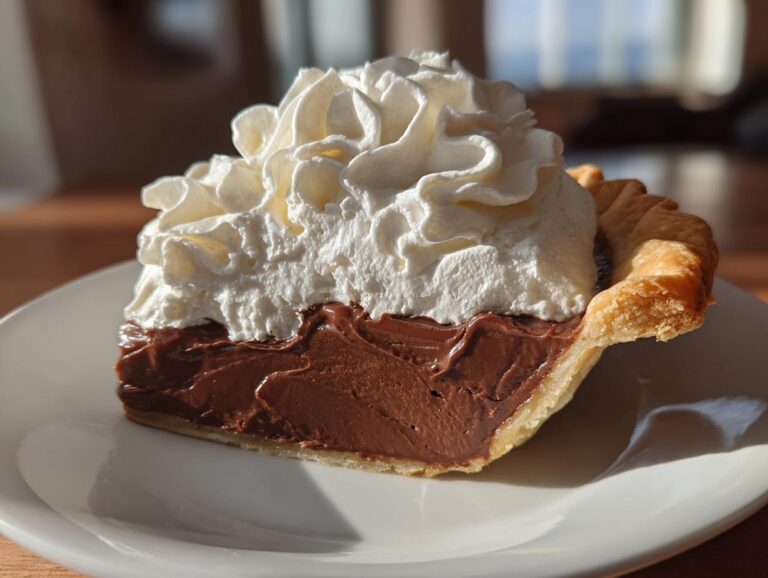 A slice of decadent chocolate cream pie topped with fluffy whipped cream on a white plate.