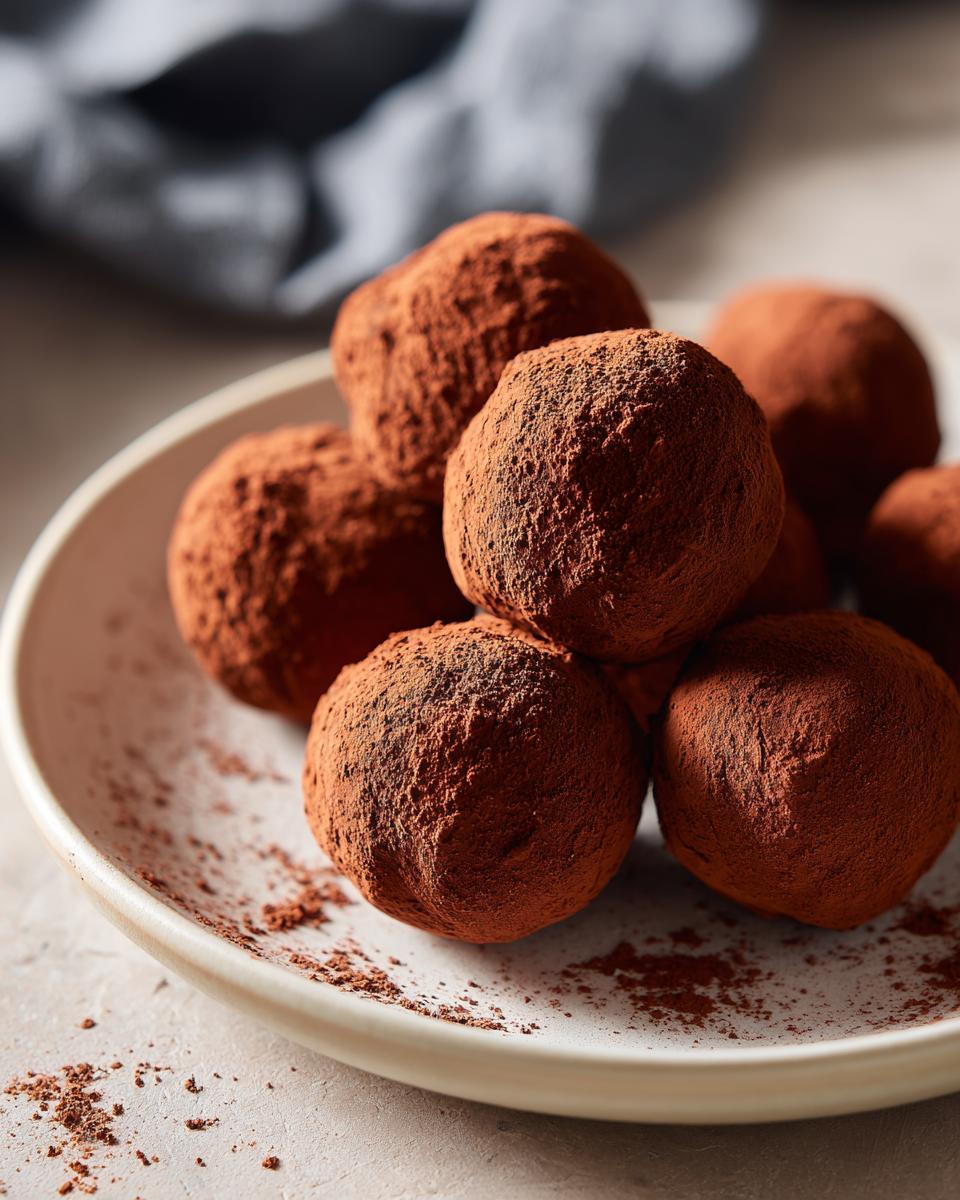 A close-up of rich chocolate truffles generously dusted with cocoa powder, piled on a white plate.