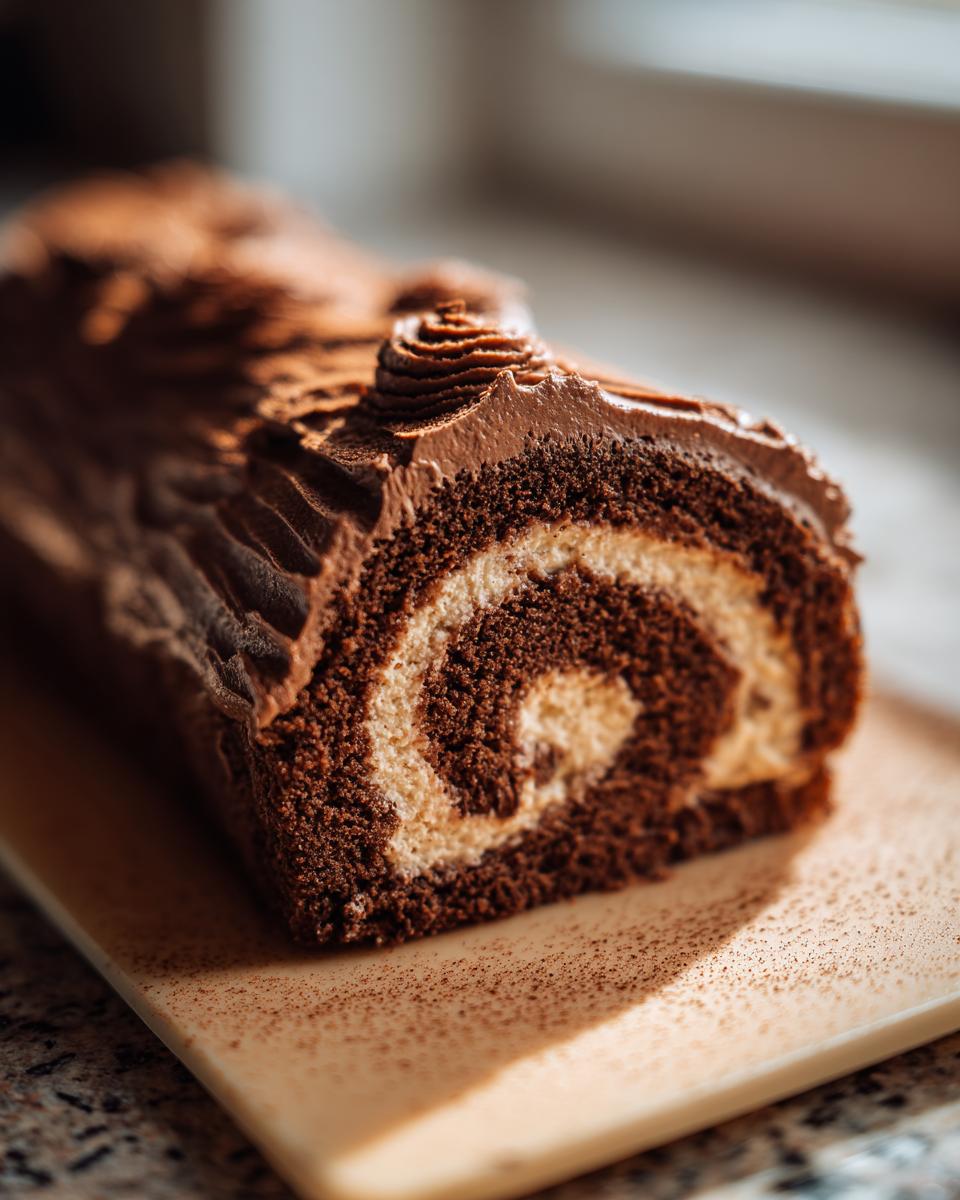 Close-up of a slice of chocolate Yule log cake with a swirl of cream filling and chocolate frosting.