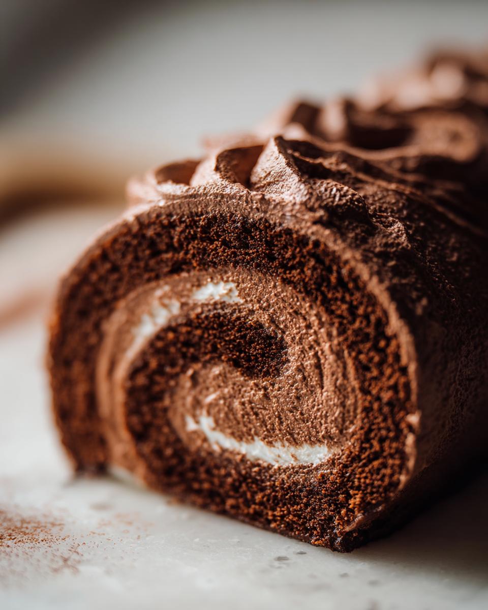 Close-up of a slice of chocolate Yule log cake with white cream filling and chocolate frosting.