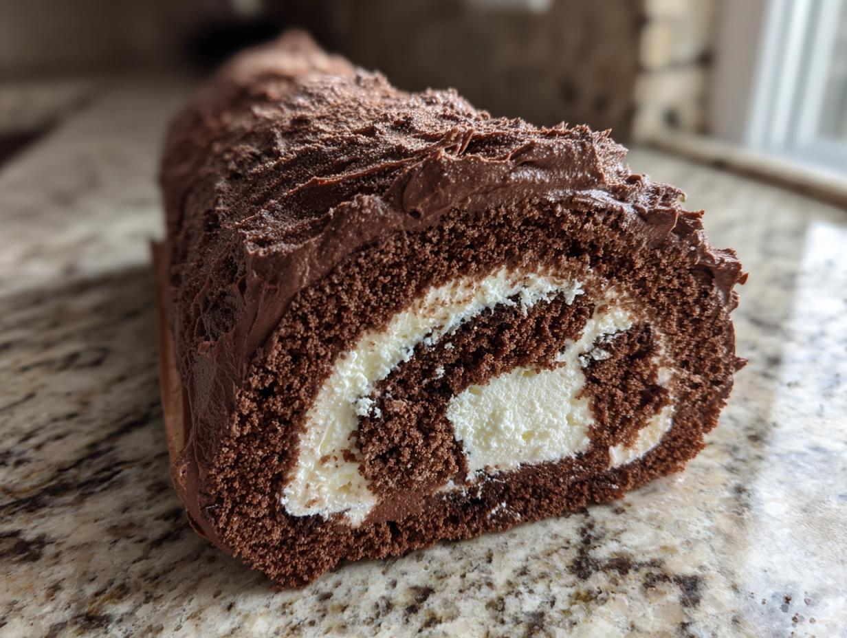 A close-up view of a slice of chocolate Yule log cake with creamy white filling and chocolate frosting.