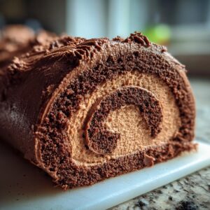 Close-up of a rich chocolate yule log cake slice with swirled chocolate filling and frosting.