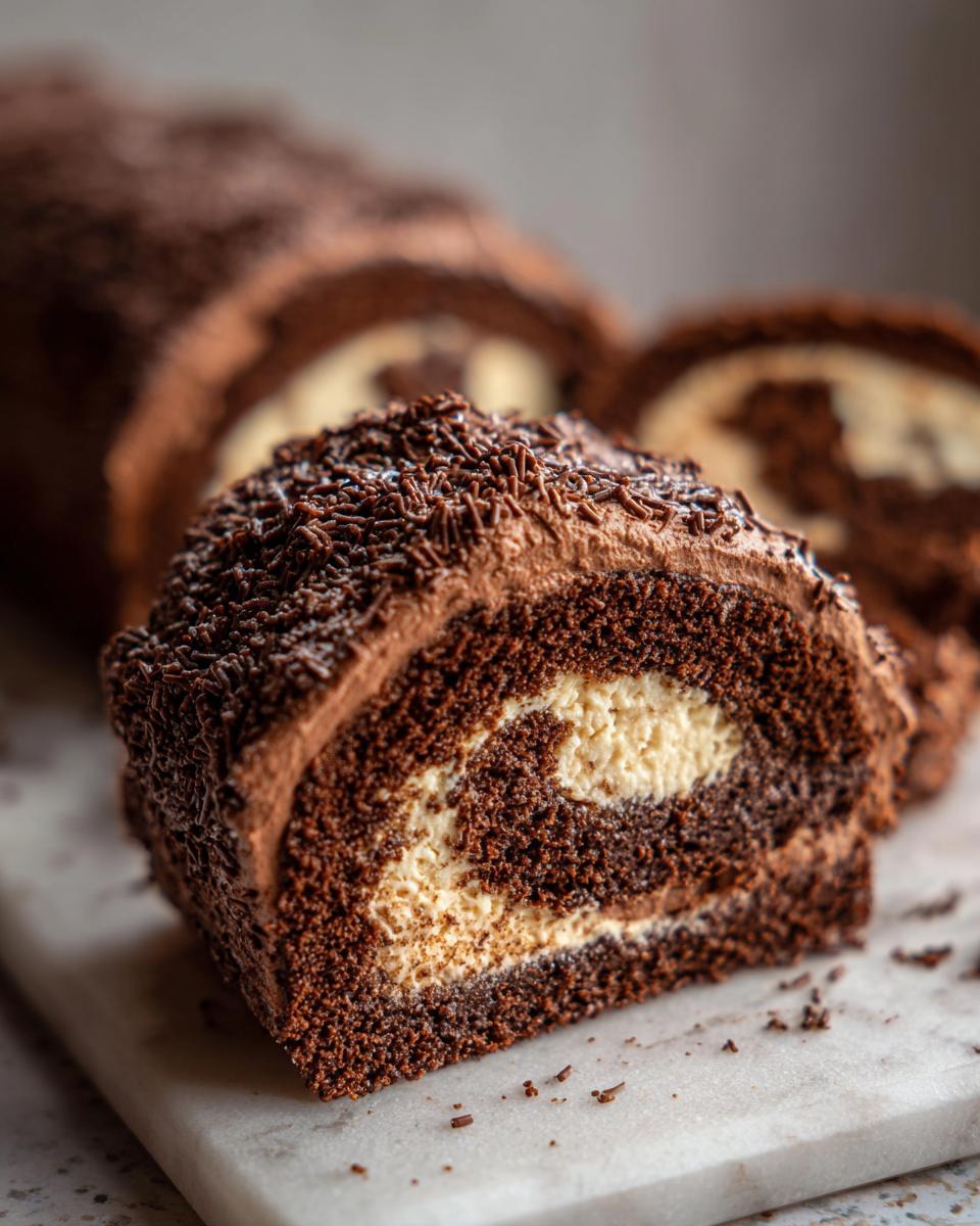 A close-up of a slice of chocolate Yule log cake, revealing a creamy filling and topped with chocolate sprinkles.