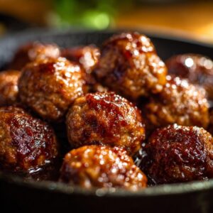 Close-up of glistening cocktail meatballs coated in a rich, dark glaze, ready to be served.