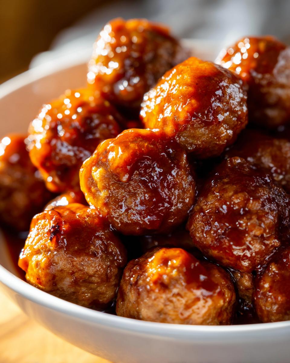 A close-up shot of a bowl filled with glistening cocktail meatballs coated in a rich, savory glaze.