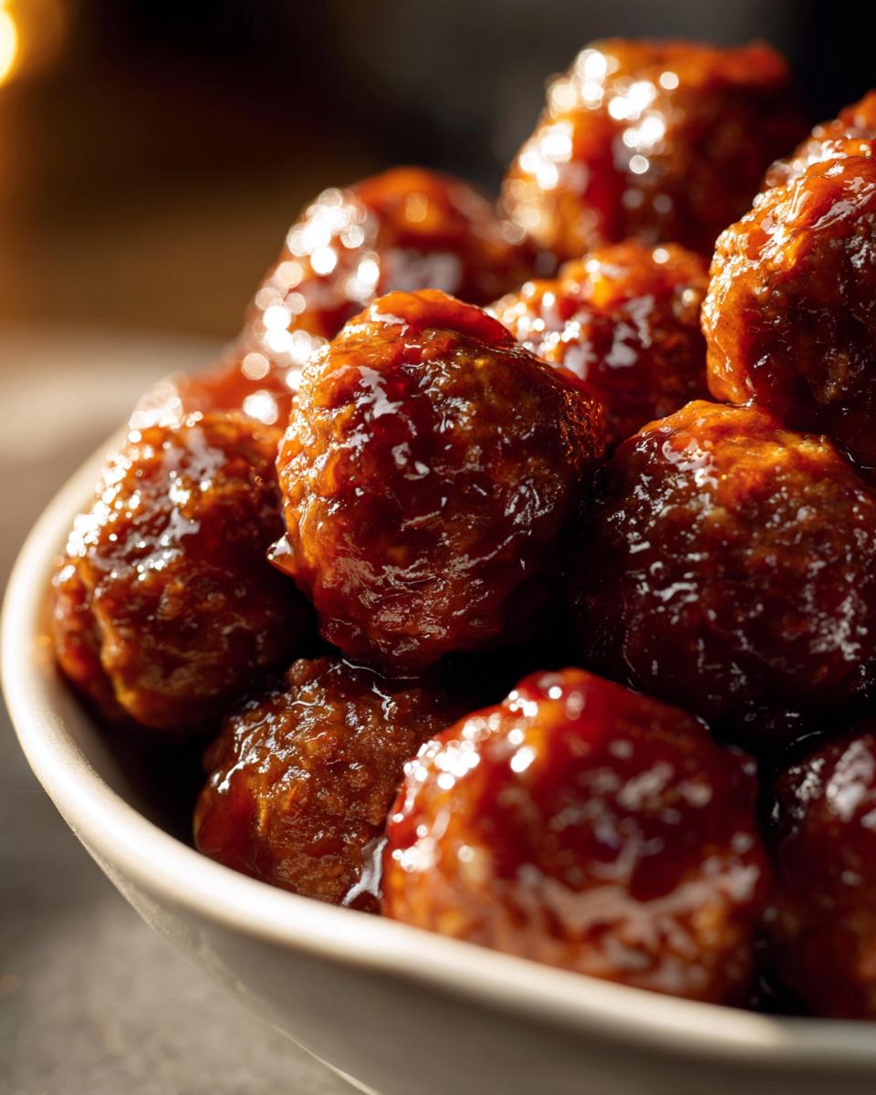 Close-up of a bowl filled with glistening cocktail meatballs coated in a rich, savory glaze.