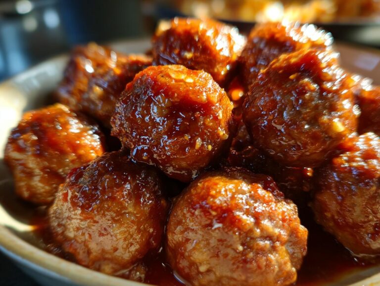 Close-up of delicious cocktail meatballs covered in a glossy, rich glaze.