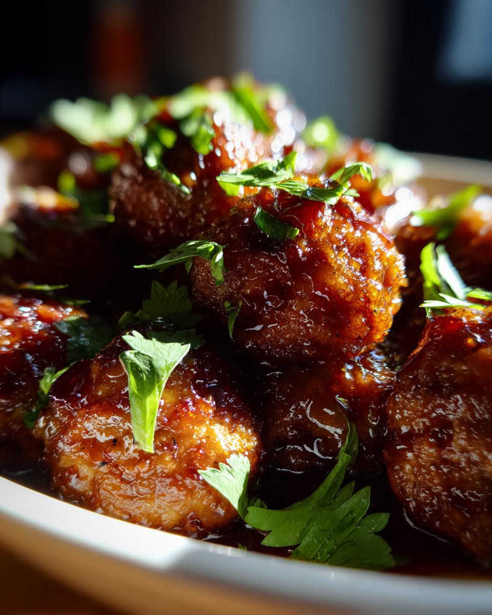 Close-up of glossy cocktail meatballs coated in a rich sauce and garnished with fresh parsley.