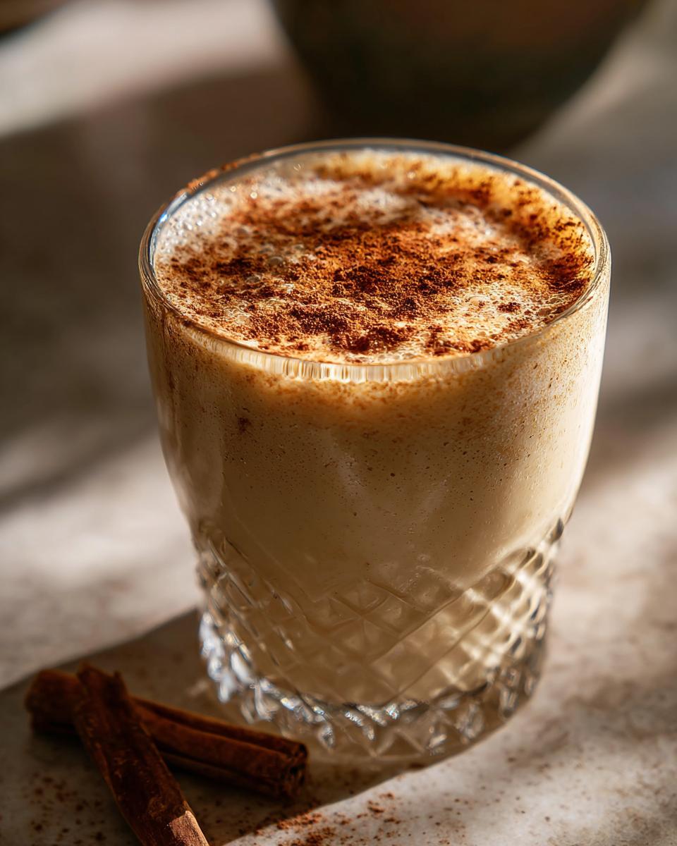 A close-up of a glass of creamy Coquito, topped with a dusting of cinnamon and two cinnamon sticks on the side.