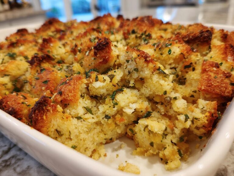 Close-up of golden-brown cornbread dressing with visible herbs in a white baking dish.