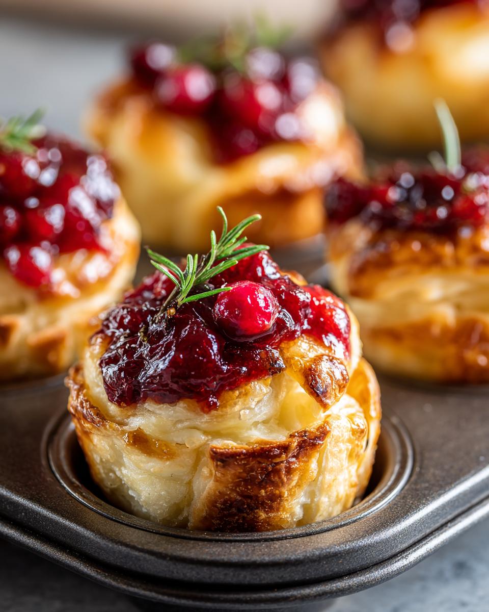 Close-up of a golden-brown cranberry brie bite topped with cranberry sauce, a whole cranberry, and a sprig of rosemary in a muffin tin.