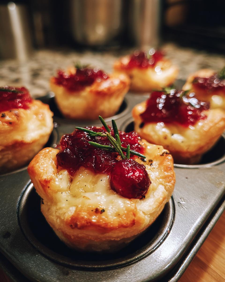 Close-up of golden-brown cranberry brie bites topped with cranberry sauce, a whole cranberry, and fresh rosemary sprigs.
