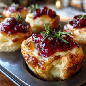 Close-up of golden-brown cranberry brie bites topped with cranberry sauce and rosemary, baked in a muffin tin.