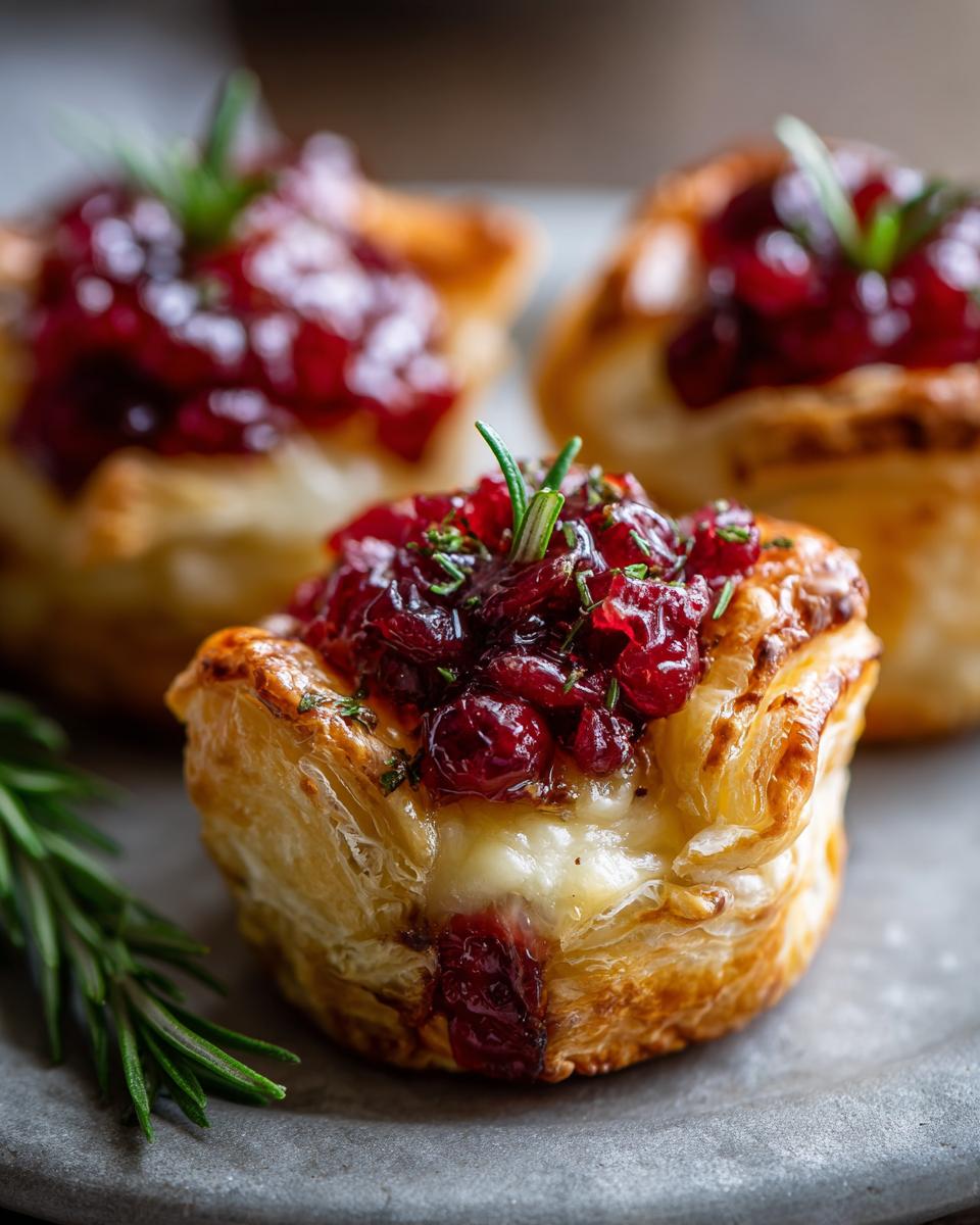 Close-up of flaky pastry cups filled with melted brie and topped with cranberry sauce and fresh rosemary.