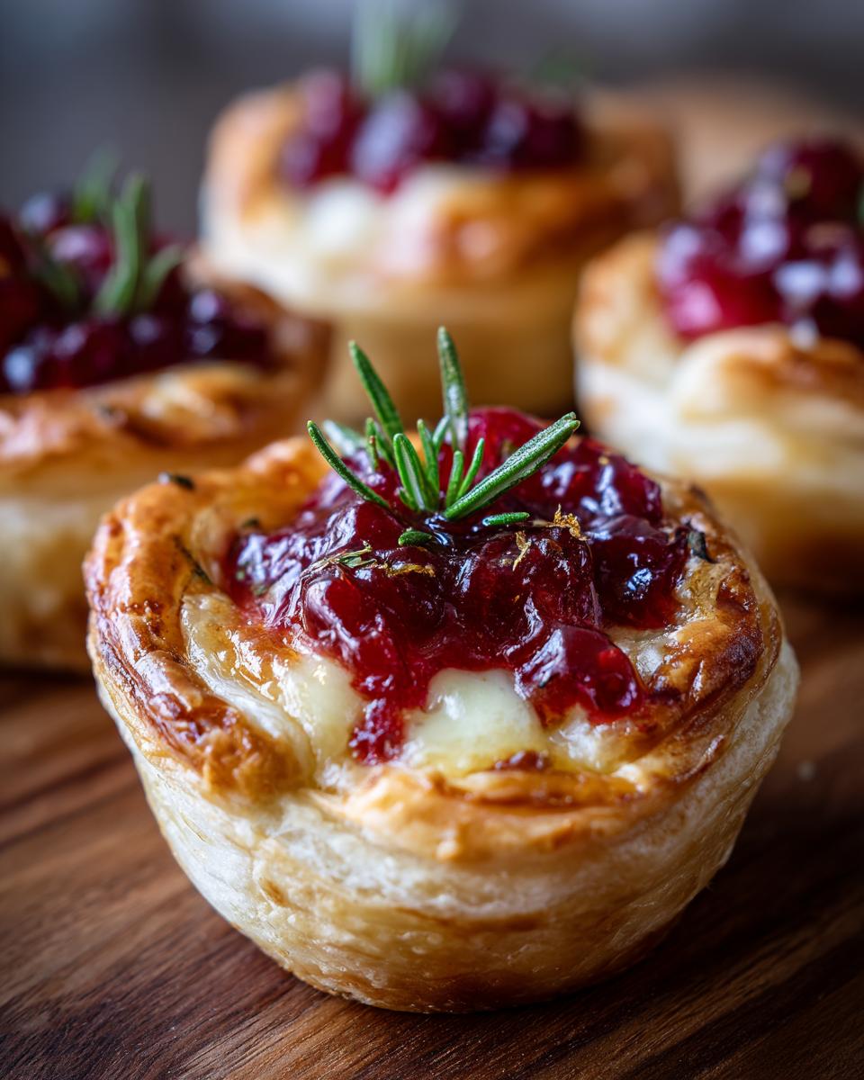 Close-up of a delicious cranberry brie bite topped with cranberry sauce and fresh rosemary.