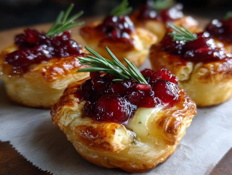 Close-up of flaky pastry filled with melted brie and topped with cranberry sauce and a sprig of rosemary. These are Cranberry Brie Bites.