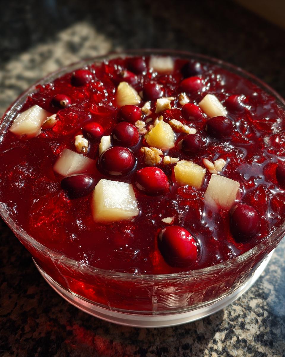 A close-up of a glistening Cranberry Jell-O salad in a glass bowl, topped with whole cranberries, pineapple chunks, and walnuts.