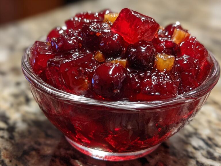 Close-up of a glass bowl filled with vibrant red Cranberry Jell-O salad, featuring whole cranberries and diced fruit.