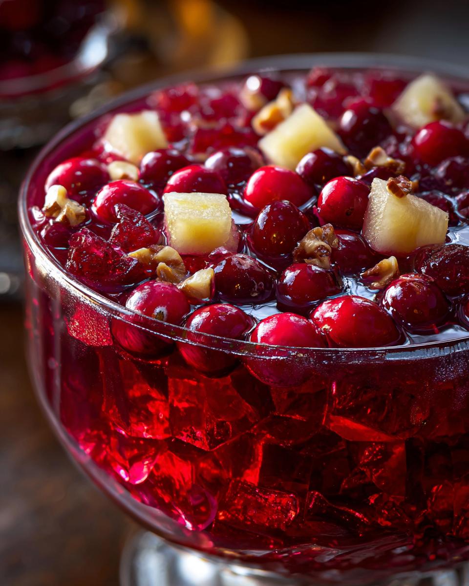 Close-up of a festive Cranberry Jell-O salad in a glass bowl, featuring whole cranberries, pineapple chunks, and chopped walnuts.