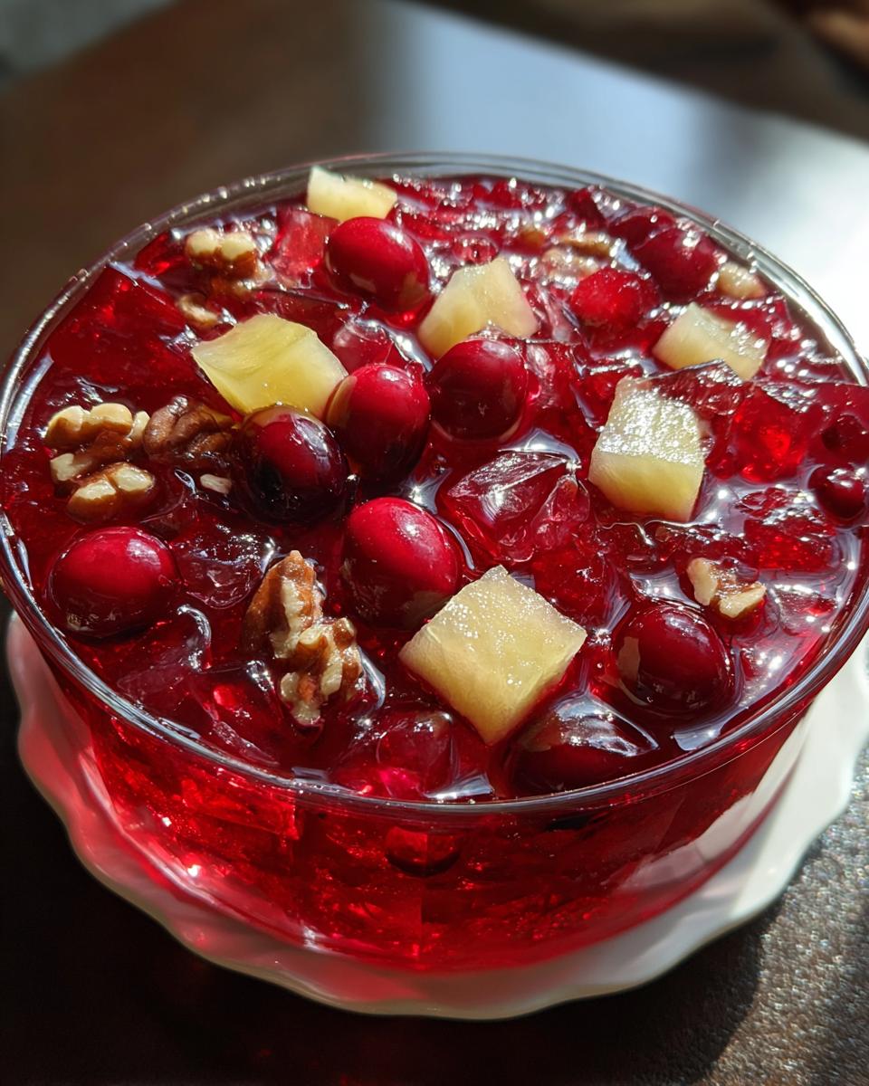 Close-up of a festive Cranberry Jell-O salad in a clear bowl, featuring whole cranberries, pineapple chunks, and walnuts suspended in ruby-red gelatin.