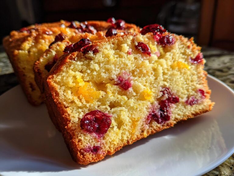 Close-up of two slices of moist Cranberry Orange Bread, showcasing bright red cranberries and orange zest.